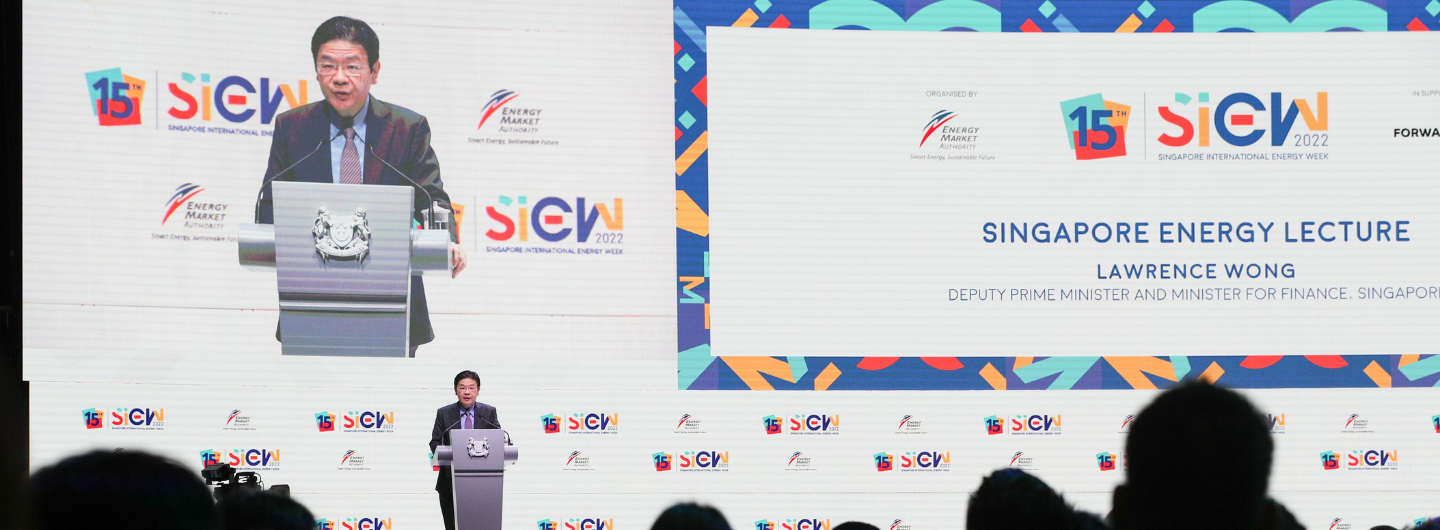 Lawrence Wong at podium during Singapore International Energy Week.